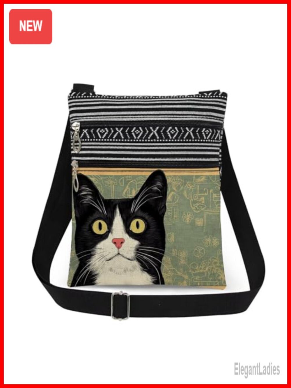 Tuxedo Cat Crossbody Bag Adjustable Strap Polyester Messenger Purse